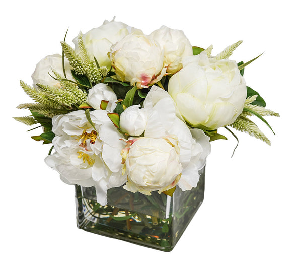 White Peony Arrangement in Glass Cube