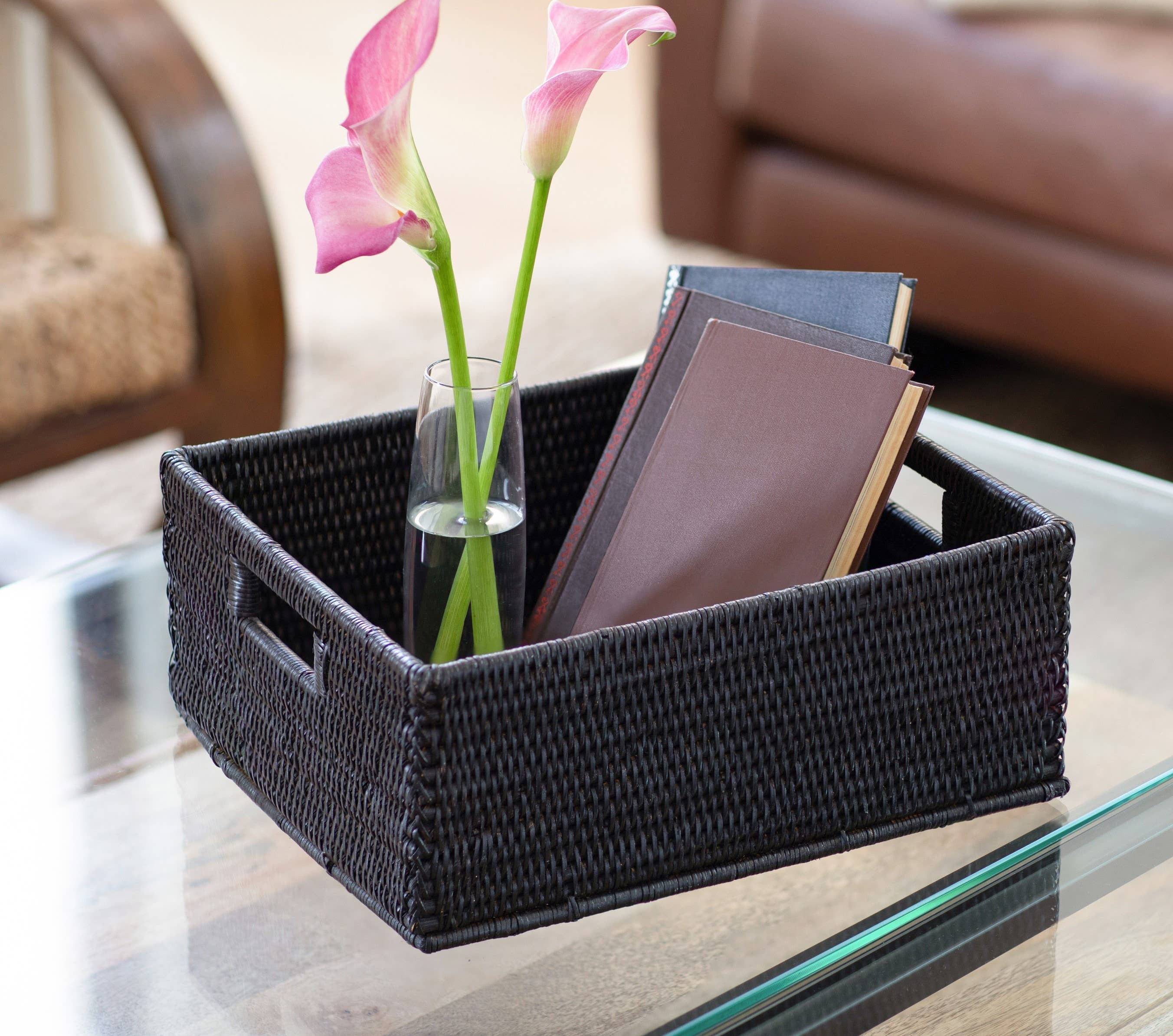 Artifacts Rattan™ Rectangular Basket with Cutout Handles: Honey Brown