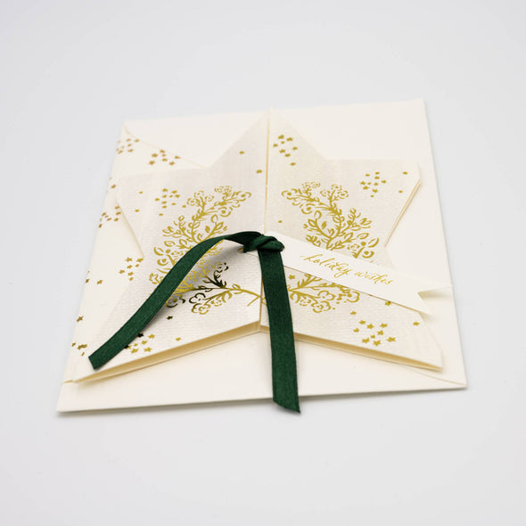 Holiday Wishes Gold Star w/ Green Silk Ribbon Greeting Card