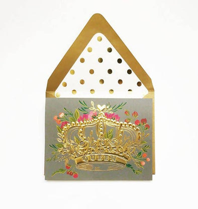 Queen Gold Embossed Crown with Flowers Greeting Card