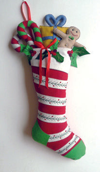 Red Stocking with Gingerbread Kid and Gifts