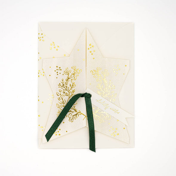 Holiday Wishes Gold Star w/ Green Silk Ribbon Greeting Card