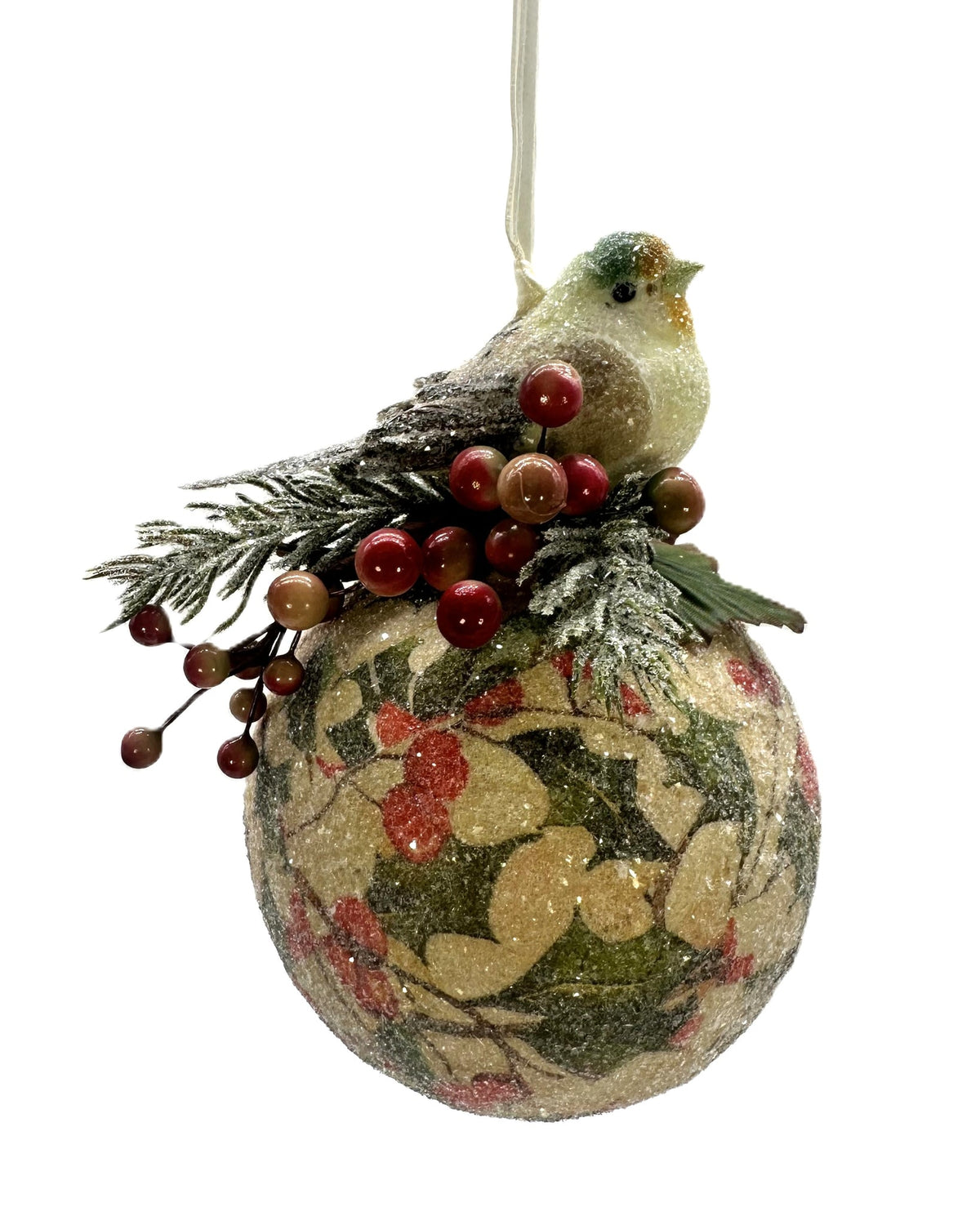 Bauble Ornament with Holly Berry Bird