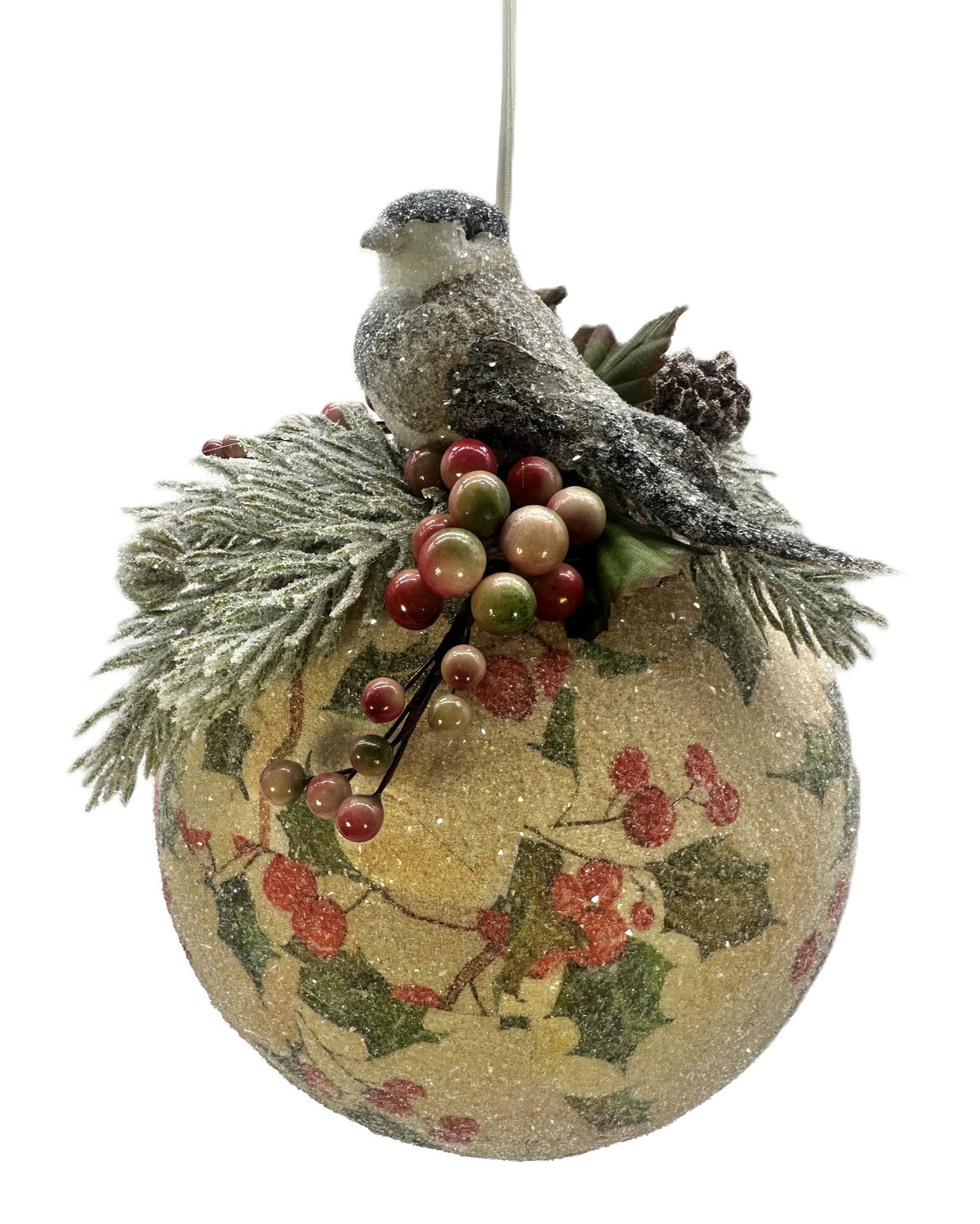 Bauble Ornament with Holly Berry Bird