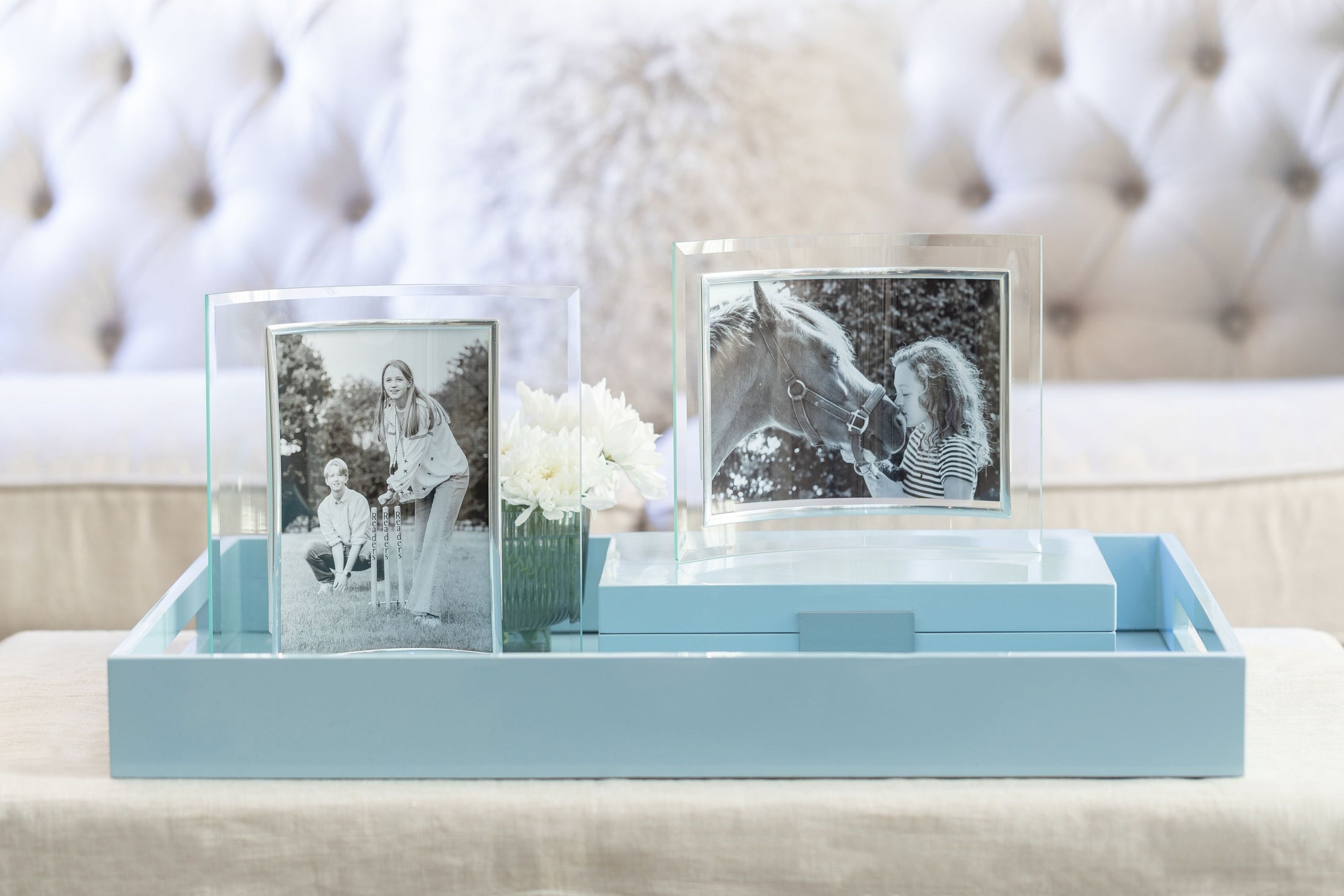 Pale Denim Laquered Ottoman Tray