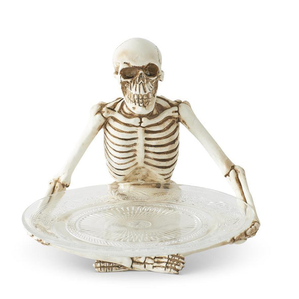 Resin Sitting Skeleton Holding Glass Plate