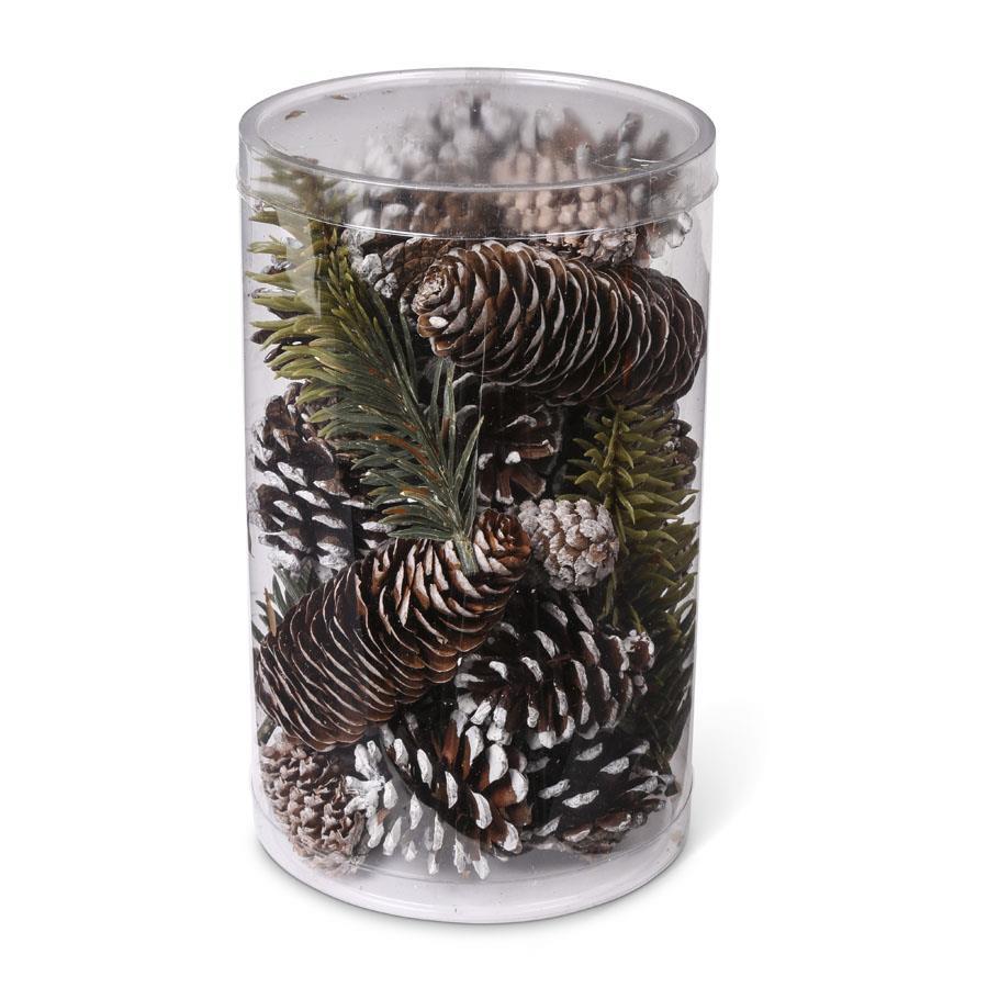 Cylinder of Assorted Snowy Pinecones and Green Pines