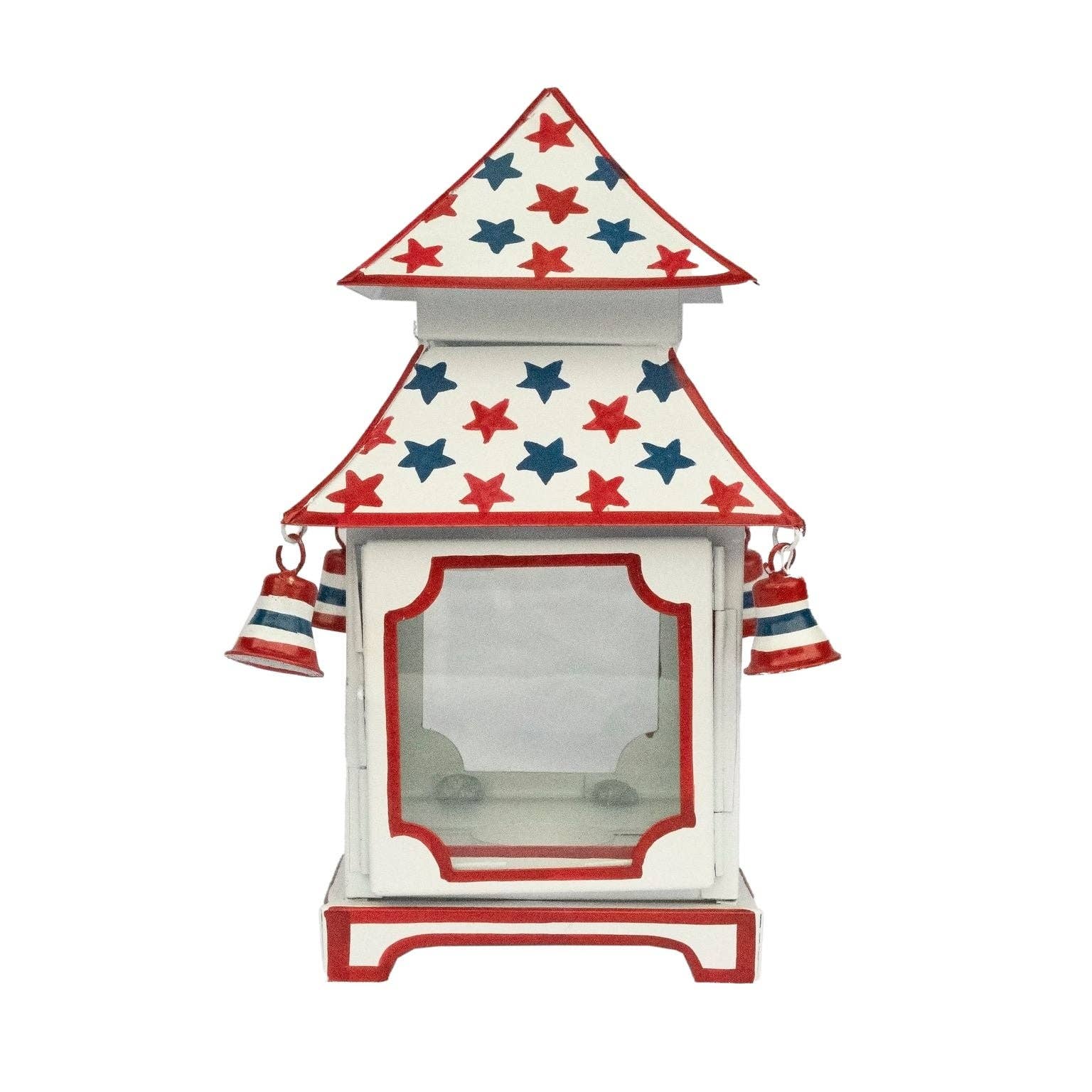 White with Red & Blue Star Red Trim Pagoda Lantern (4 Sizes): Small