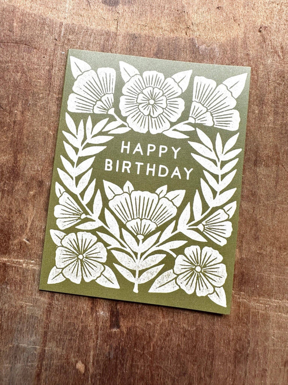 Happy Birthday Green Floral Block Greeting Card