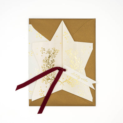 Holiday Wishes Gold Star Greeting Card w/ Ruby Silk Ribbon