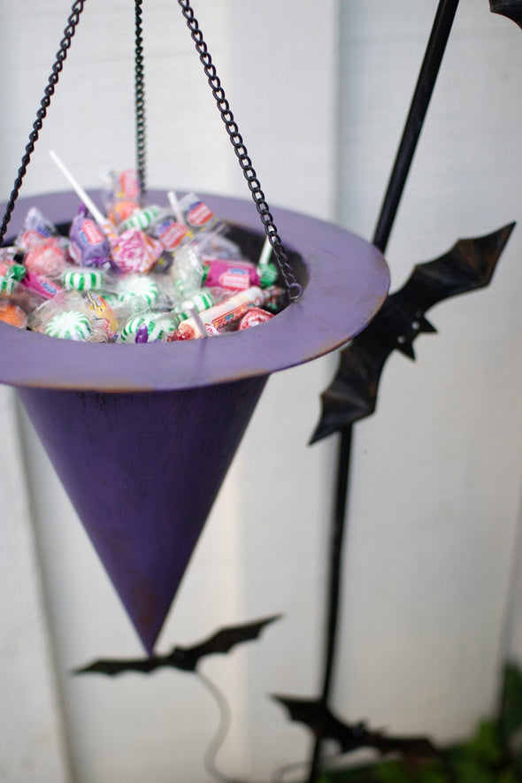 Painted Metal Halloween Witch Hat with Bats