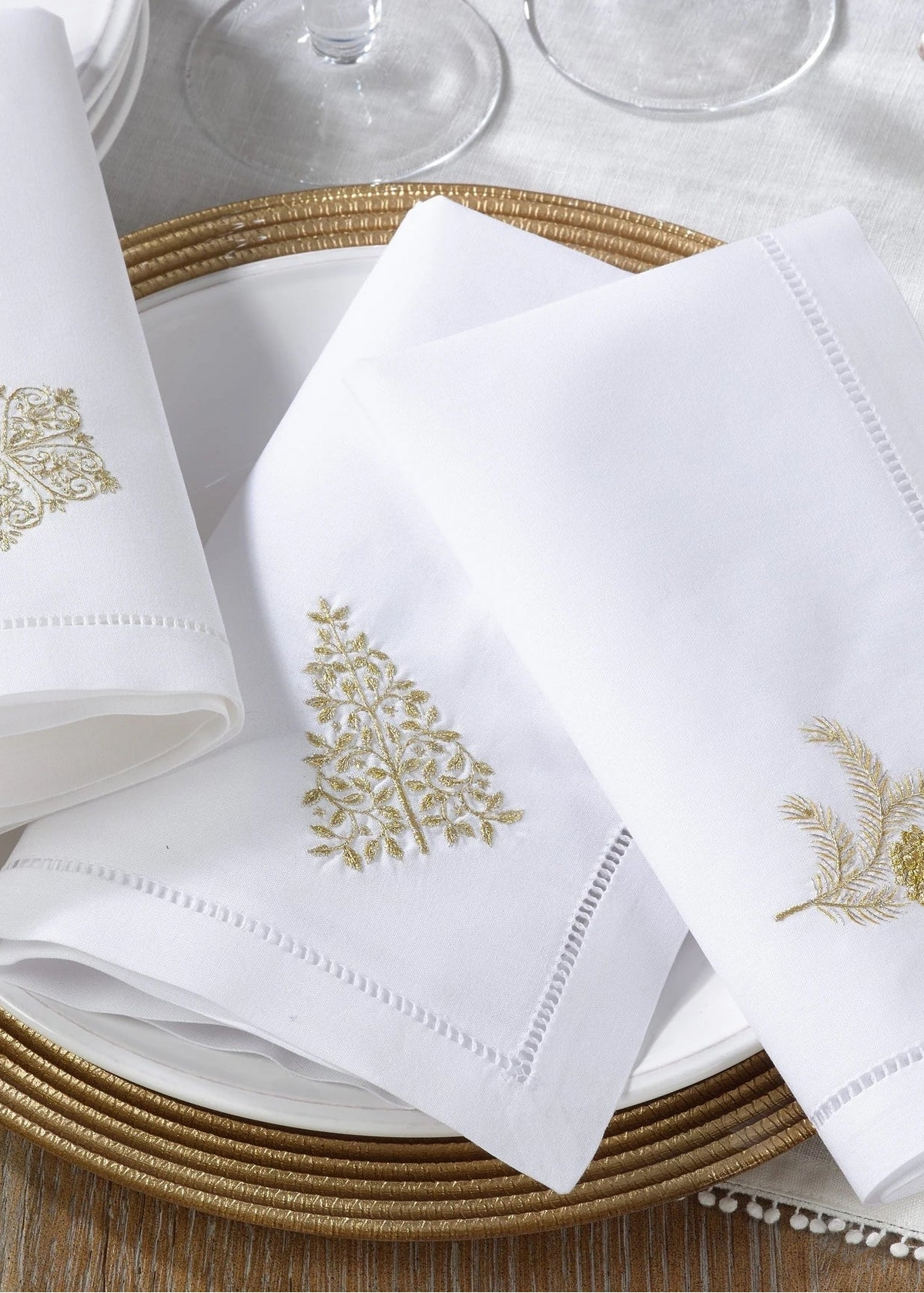 Embroidered Pine Tree Hemstitch Napkin