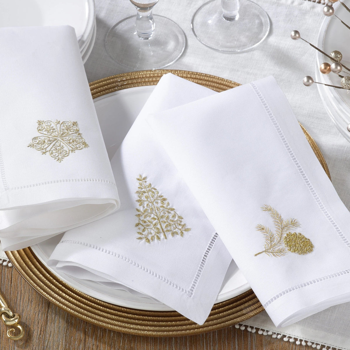 Embroidered Pine Tree Hemstitch Napkin