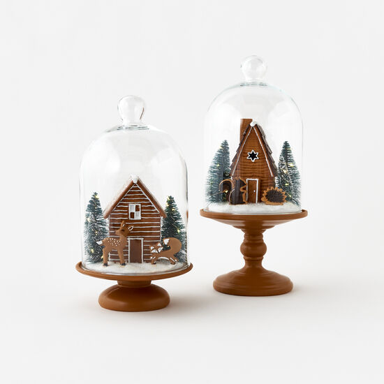 Lighted Gingerbread Cabin in Pedestal Glass Dome