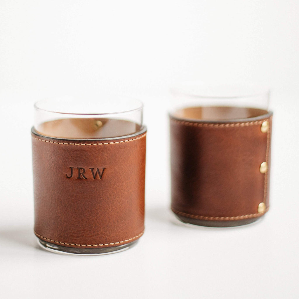 Leather Rocks Glass Drinkware/Barware Clayton & Crume Brown Set of 2 