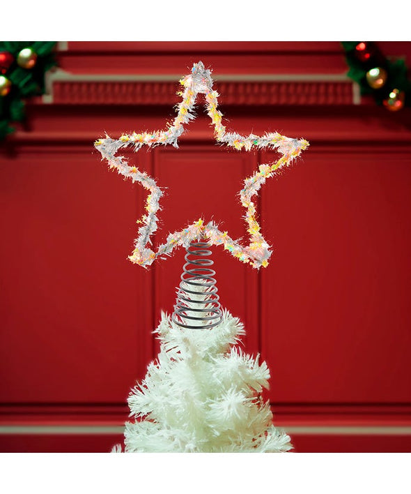 Warm White LED Silver Tinsel Star Treetop