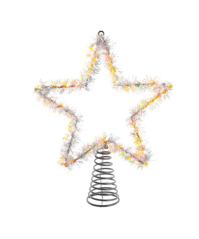 Warm White LED Silver Tinsel Star Treetop