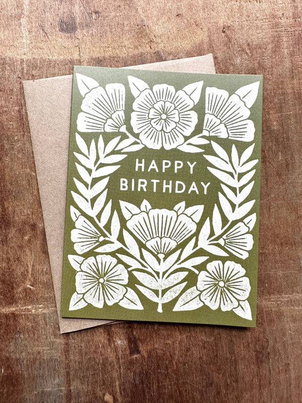 Happy Birthday Green Floral Block Greeting Card