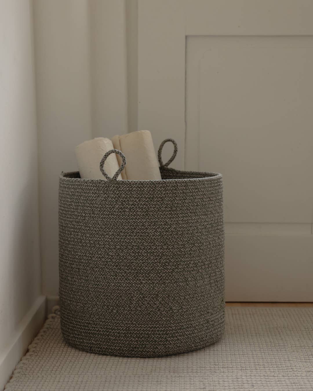 Woven Cotton Rope Storage Basket with Handles | Loops Large: Green Melange