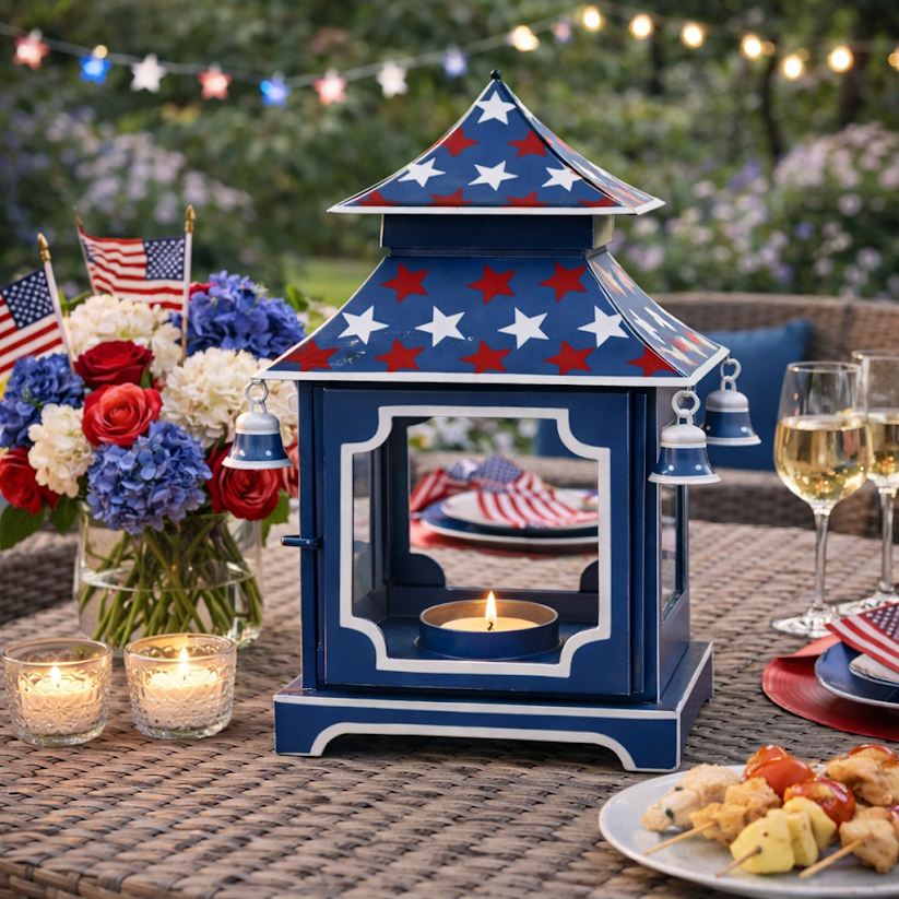 Navy with Red & White Star Pagoda Lantern (4 Sizes): Medium