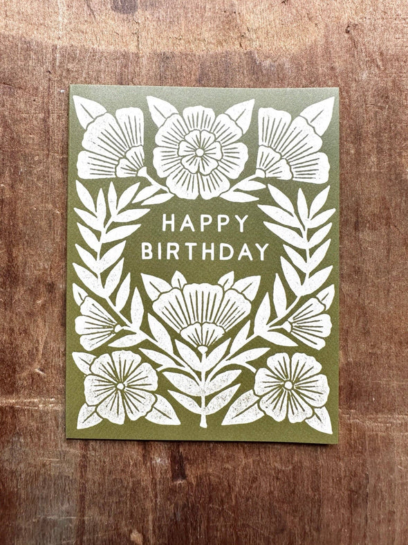 Happy Birthday Green Floral Block Greeting Card