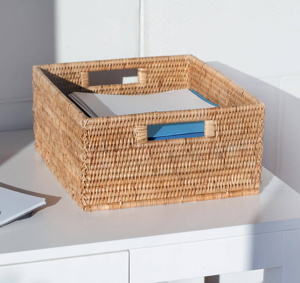 Artifacts Rattan™ Rectangular Basket with Cutout Handles: Honey Brown
