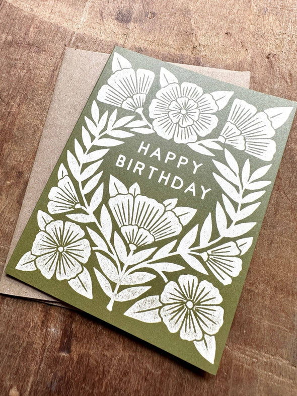 Happy Birthday Green Floral Block Greeting Card