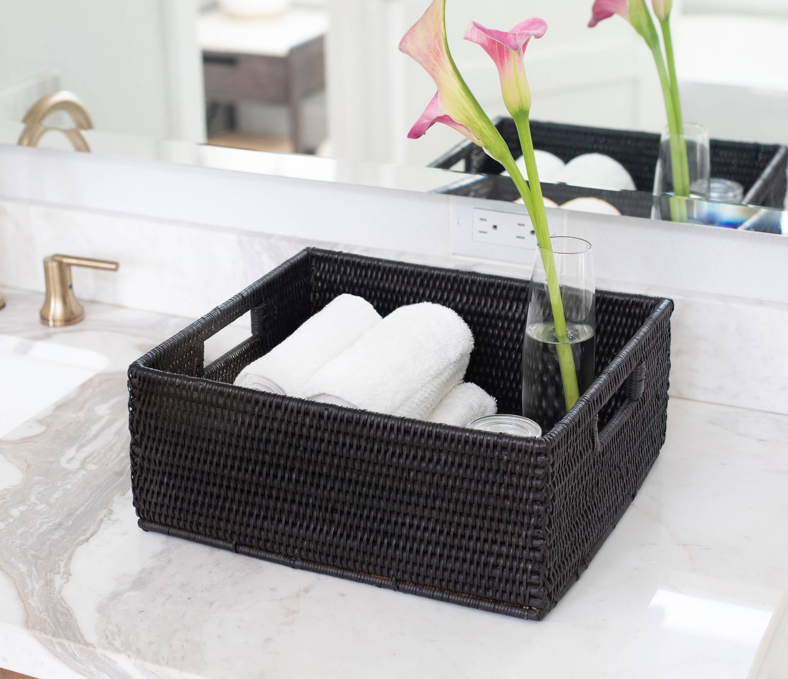 Artifacts Rattan™ Rectangular Basket with Cutout Handles: Honey Brown