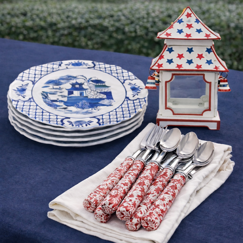 White with Red & Blue Star Red Trim Pagoda Lantern (4 Sizes): Small
