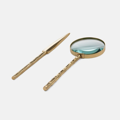 Hammered Brass Magnifying Glass and Letter Opener Set