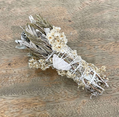 6" Rosemary & Sage Floral Smudge Wand with Quartz Crystal