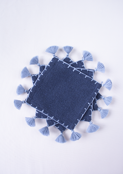 Handwoven Deep Blue & Grey Tassels Coasters