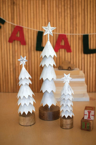 White-Washed Metal Christmas Trees With Wood Bases