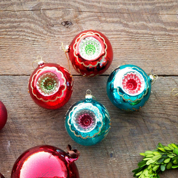 Red and Blue Glass Vintage-Style Reflector Ornaments
