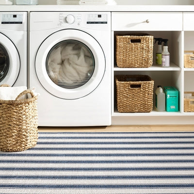 Blue Awning Stripe Machine Washable Rug Rugs Annie Selke   