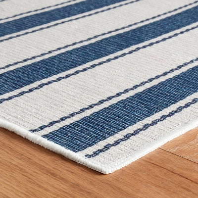 Blue Awning Stripe Machine Washable Rug Rugs Annie Selke   